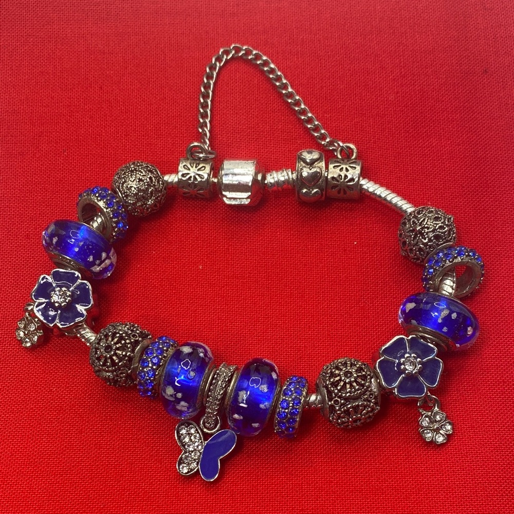 Elegant Blue and Silver Slide Charm Bracelet with 925 Glass Charms